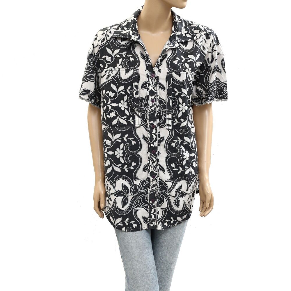 Free People We The Free Floral Printed Buttondown Shirt Top Oversized S 284647